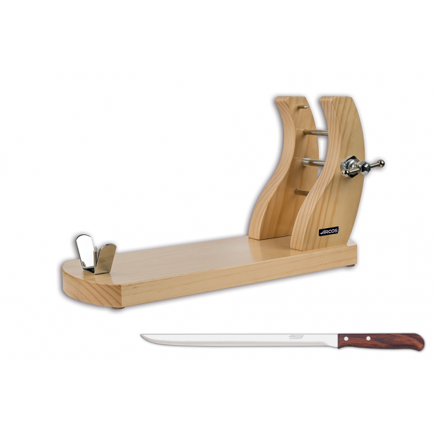 Soporte Jamón Madera Pino Natural y Cuchillo Jamonero 25 cm Arcos 