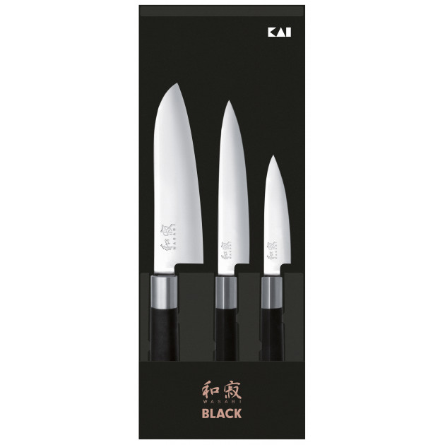 Juego de 3 Cuchillos Japoneses Puntilla 10 cm Multiuso 15 cm y Santoku 16,5 cm Wasabi Black Kai 