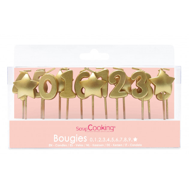 Juego de Velas Doradas Números 0 a 9 + 5 estrellas ScrapCooking 