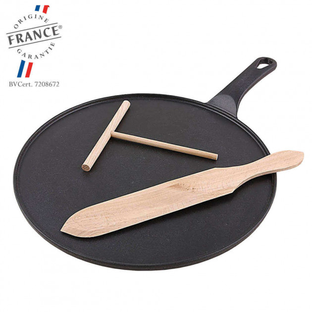 Sartén Crepera de Hierro Fundido Esmaltado 30 cm Negra con Accesorios Chasseur
