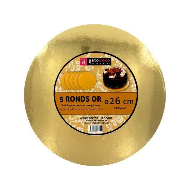 Bases para tartas redondas doradas Ø 25,5 cm (x5) Gatodéco